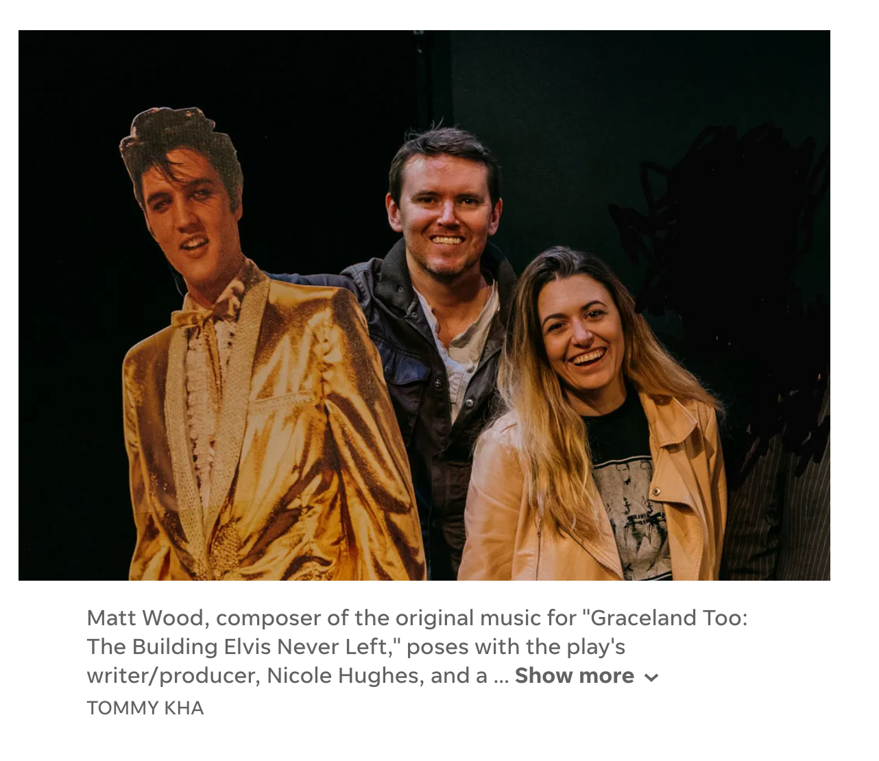 Nicole Hughes and composer Matt Wood smile beside a life-size Elvis cutout.